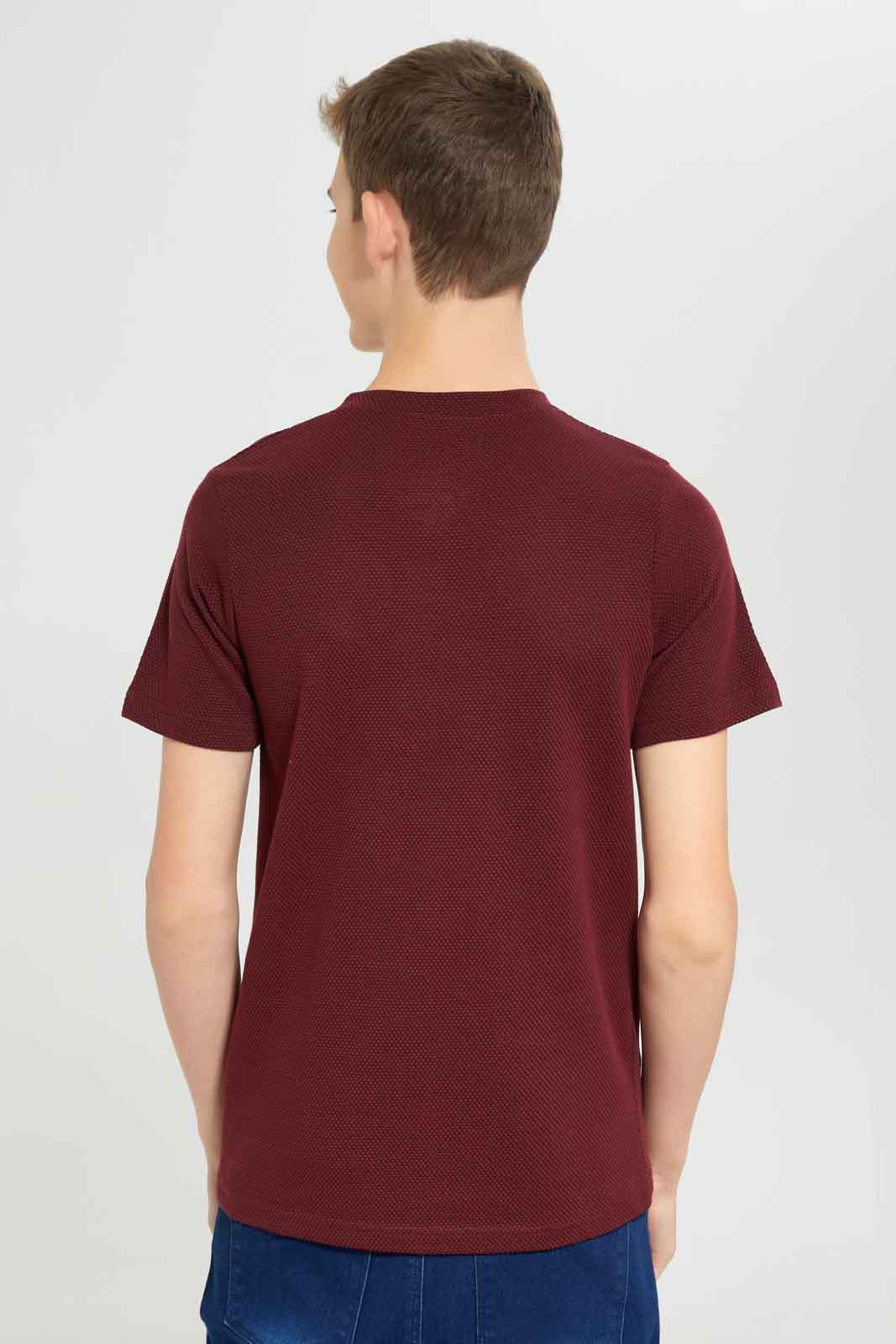Redtag-Red-Jacquard-Henley-Tshirt-BSR-T-Shirts,-Category:T-Shirts,-Colour:Red,-Deals:New-In,-Dept:Boys,-Filter:Senior-Boys-(8-to-14-Yrs),-New-In-BSR-APL,-Non-Sale,-Section:Boys-(0-to-14Yrs),-TBL,-W22O-Senior-Boys-9 to 14 Years