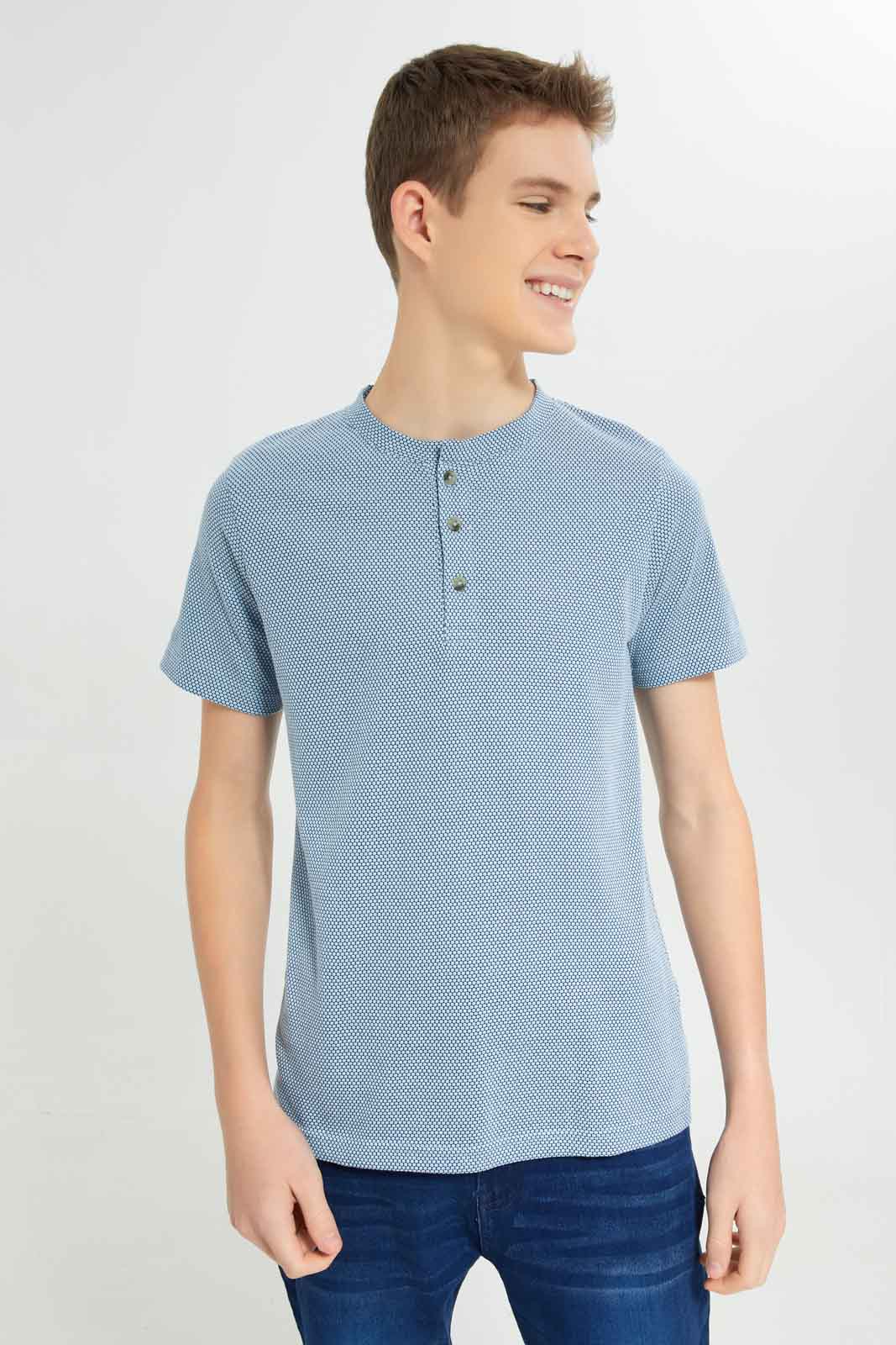 Redtag-Grey-Jacquard-Henley-Tshirt-BSR-T-Shirts,-Category:T-Shirts,-Colour:Grey,-Deals:New-In,-Dept:Boys,-Filter:Senior-Boys-(8-to-14-Yrs),-New-In-BSR-APL,-Non-Sale,-Section:Boys-(0-to-14Yrs),-TBL,-W22O-Senior-Boys-9 to 14 Years