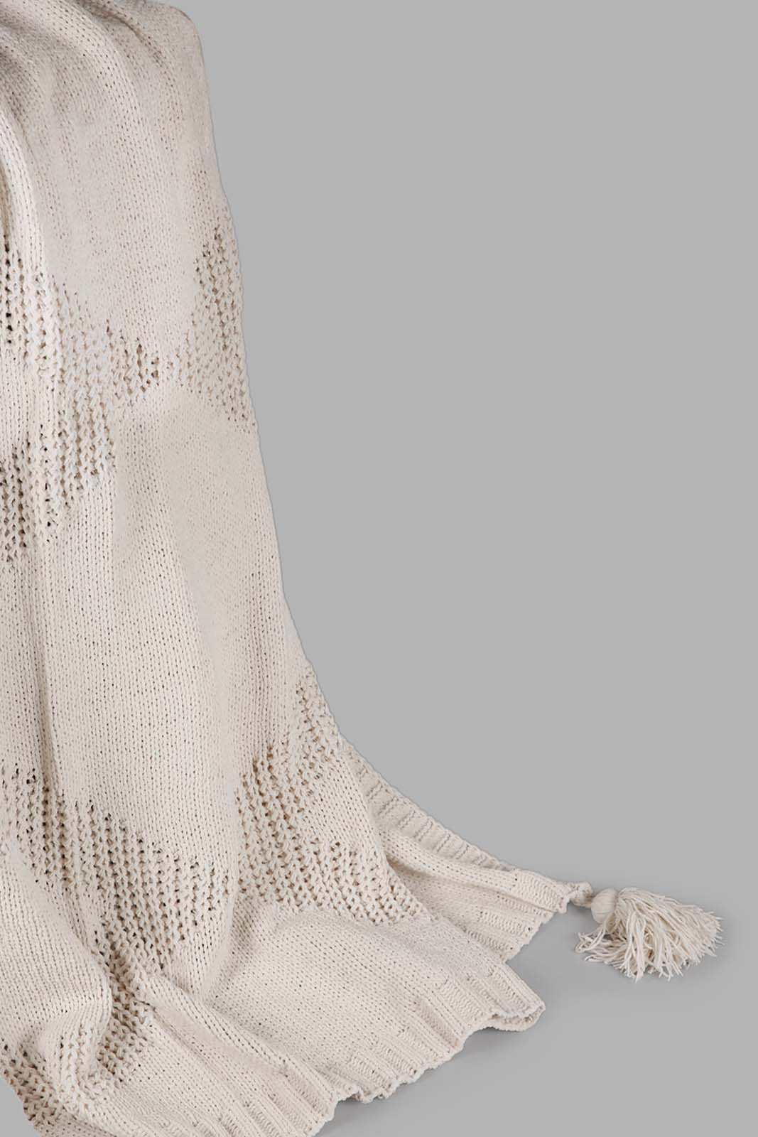 Redtag-Ivory-Knitted-Throw-With-Pom-Pom-Category:Throws,-Colour:Ivory,-Deals:New-In,-Filter:Home-Bedroom,-HMW-BED-Throws,-New-In-HMW-BED,-Non-Sale,-Section:Homewares,-W22A-Home-Bedroom-
