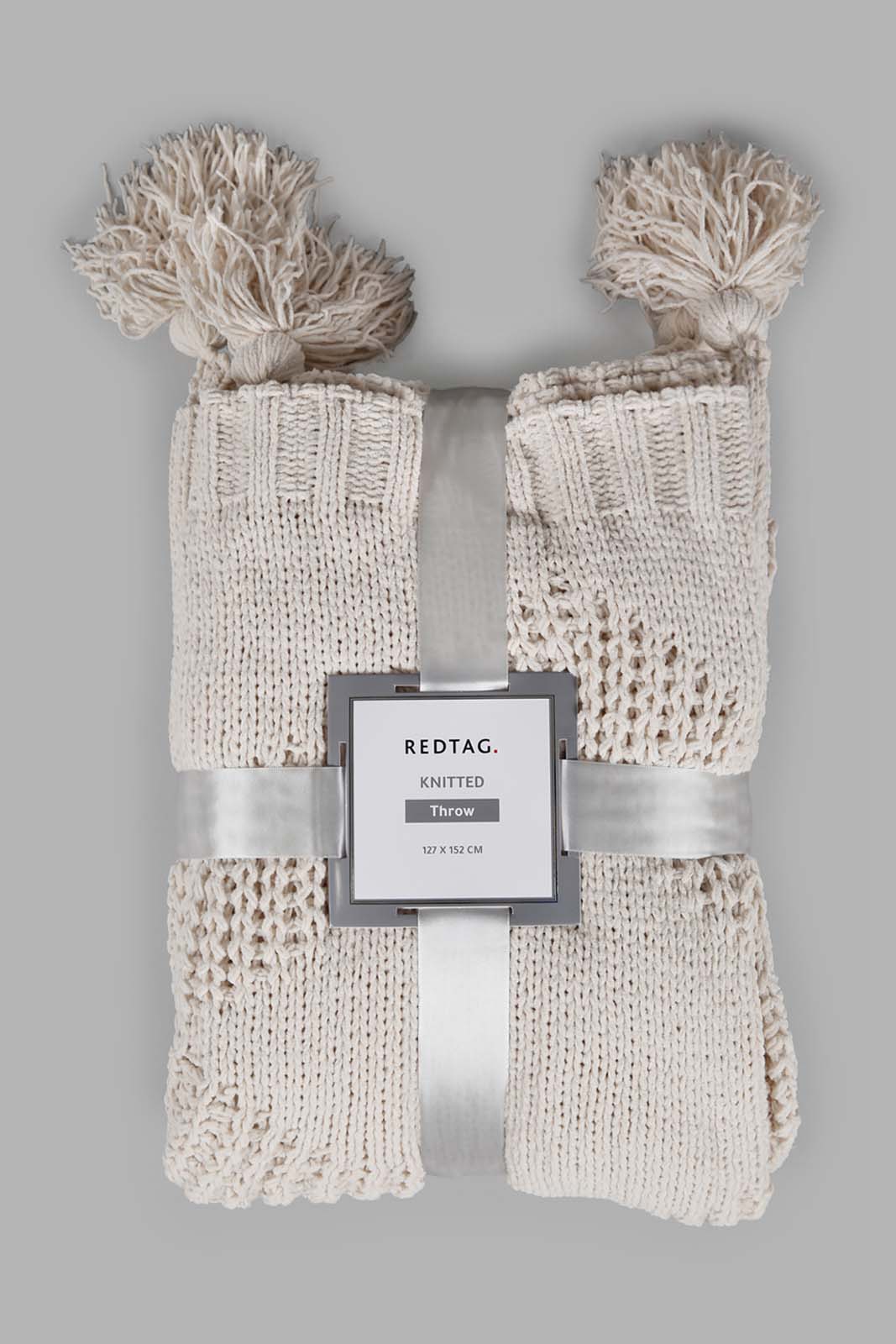 Redtag-Ivory-Knitted-Throw-With-Pom-Pom-Category:Throws,-Colour:Ivory,-Deals:New-In,-Filter:Home-Bedroom,-HMW-BED-Throws,-New-In-HMW-BED,-Non-Sale,-Section:Homewares,-W22A-Home-Bedroom-