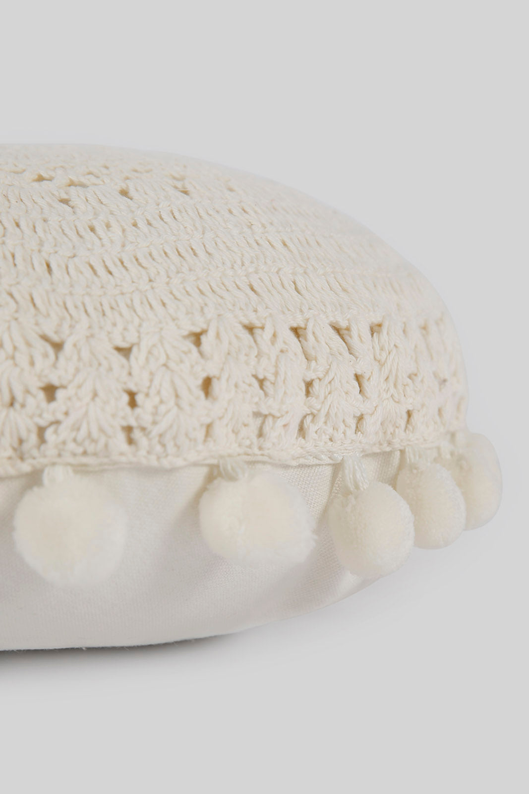 Redtag-Ivory-Crochet-Round-Cushion-With-Pompom-Category:Cushions,-Colour:Ivory,-Deals:New-In,-Filter:Home-Bedroom,-HMW-BED-Cushions,-New-In-HMW-BED,-Non-Sale,-Section:Homewares,-W22B-Home-Bedroom-