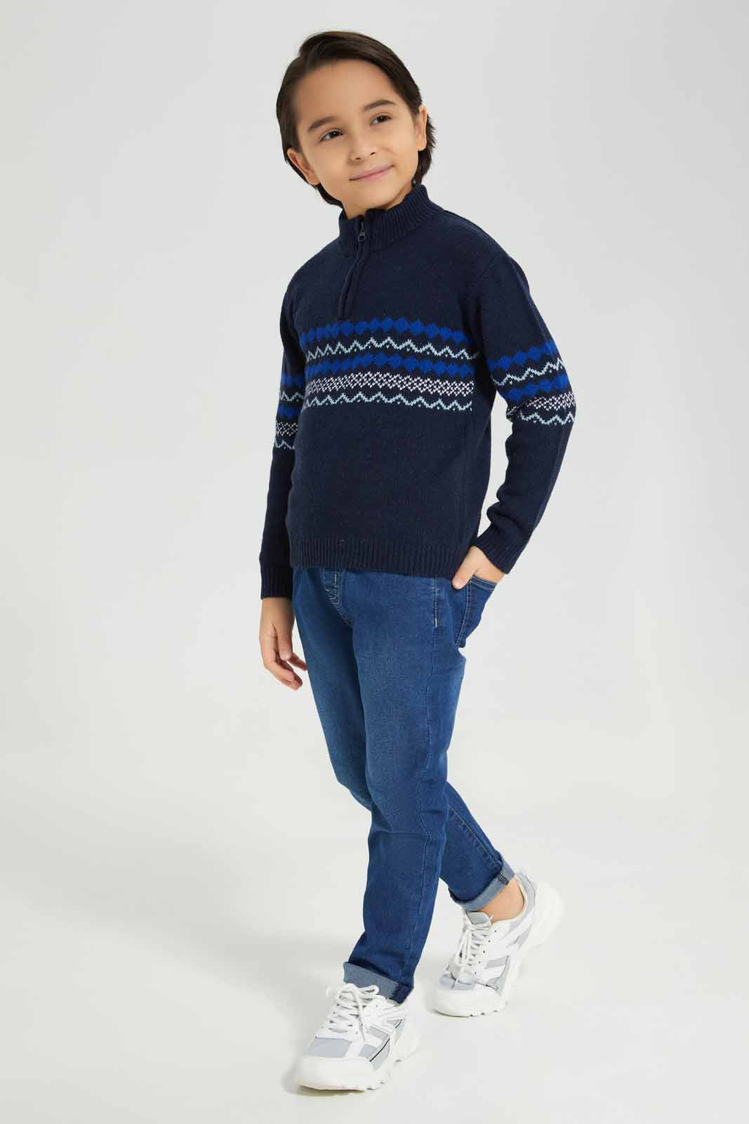 Redtag-Navy-1/4-Zipper-Jaquard-Jumper-BOY-Pullovers,-Category:Pullovers,-Colour:Navy,-Deals:New-In,-EHW,-Filter:Boys-(2-to-8-Yrs),-New-In-BOY-APL,-Non-Sale,-Section:Boys-(0-to-14Yrs),-W22B-Boys-2 to 8 Years