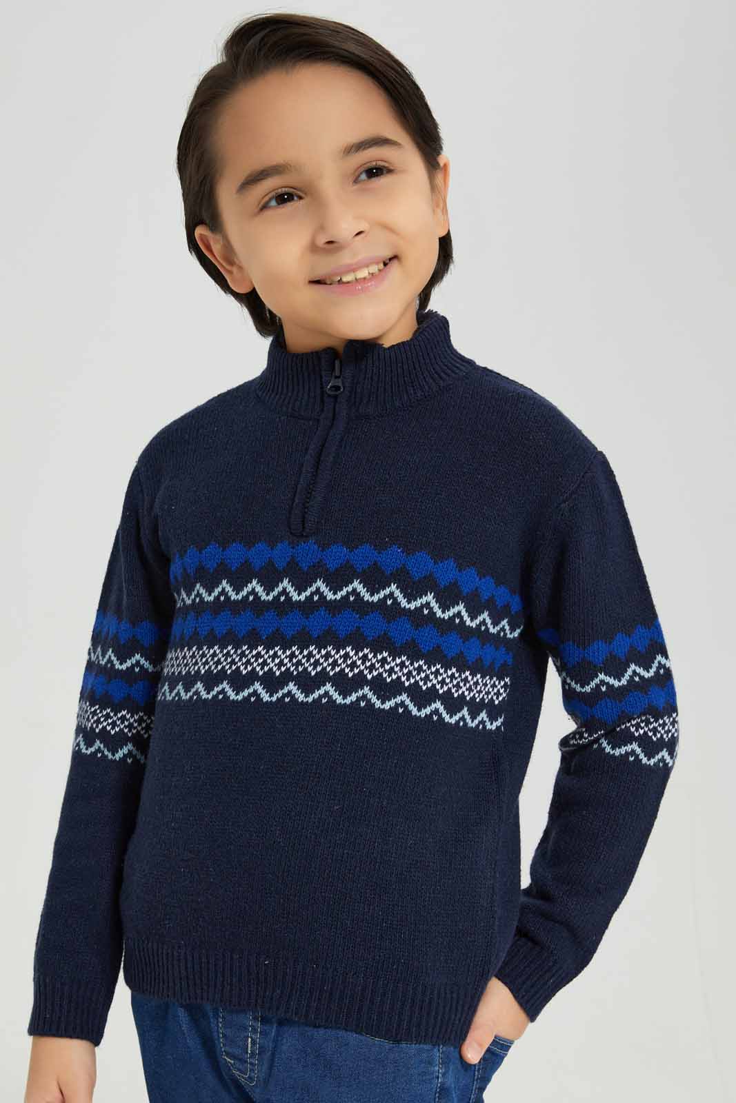 Redtag-Navy-1/4-Zipper-Jaquard-Jumper-BOY-Pullovers,-Category:Pullovers,-Colour:Navy,-Deals:New-In,-EHW,-Filter:Boys-(2-to-8-Yrs),-New-In-BOY-APL,-Non-Sale,-Section:Boys-(0-to-14Yrs),-W22B-Boys-2 to 8 Years