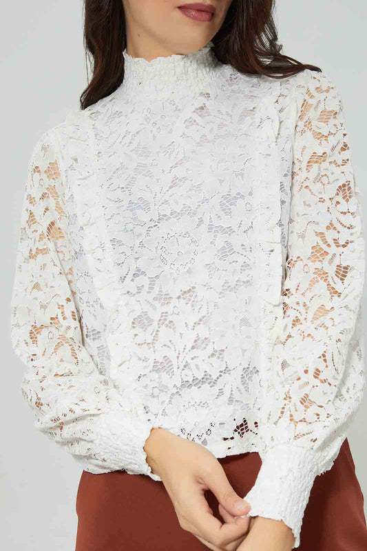 Women White Ruffle Lace Top