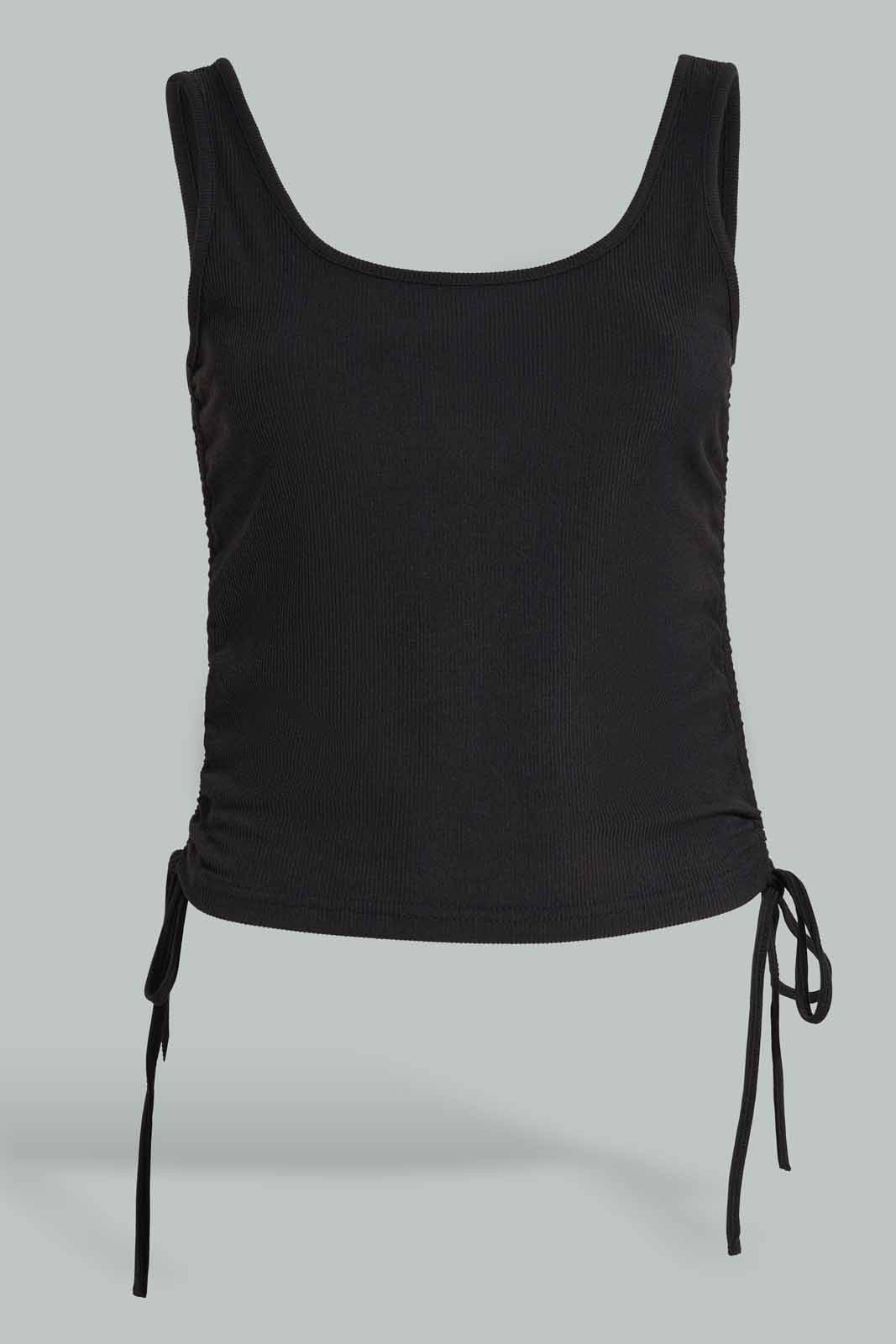 Redtag-Black-Side-Tie-Ruched-T-Shirt-Category:Vests,-Colour:Black,-Deals:New-In,-Filter:Women's-Clothing,-New-In-Women-APL,-Non-Sale,-Section:Women,-W22A,-Women-Vests-Women's-
