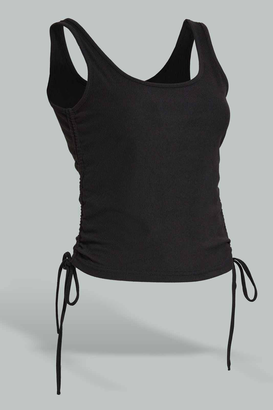 Redtag-Black-Side-Tie-Ruched-T-Shirt-Category:Vests,-Colour:Black,-Deals:New-In,-Filter:Women's-Clothing,-New-In-Women-APL,-Non-Sale,-Section:Women,-W22A,-Women-Vests-Women's-