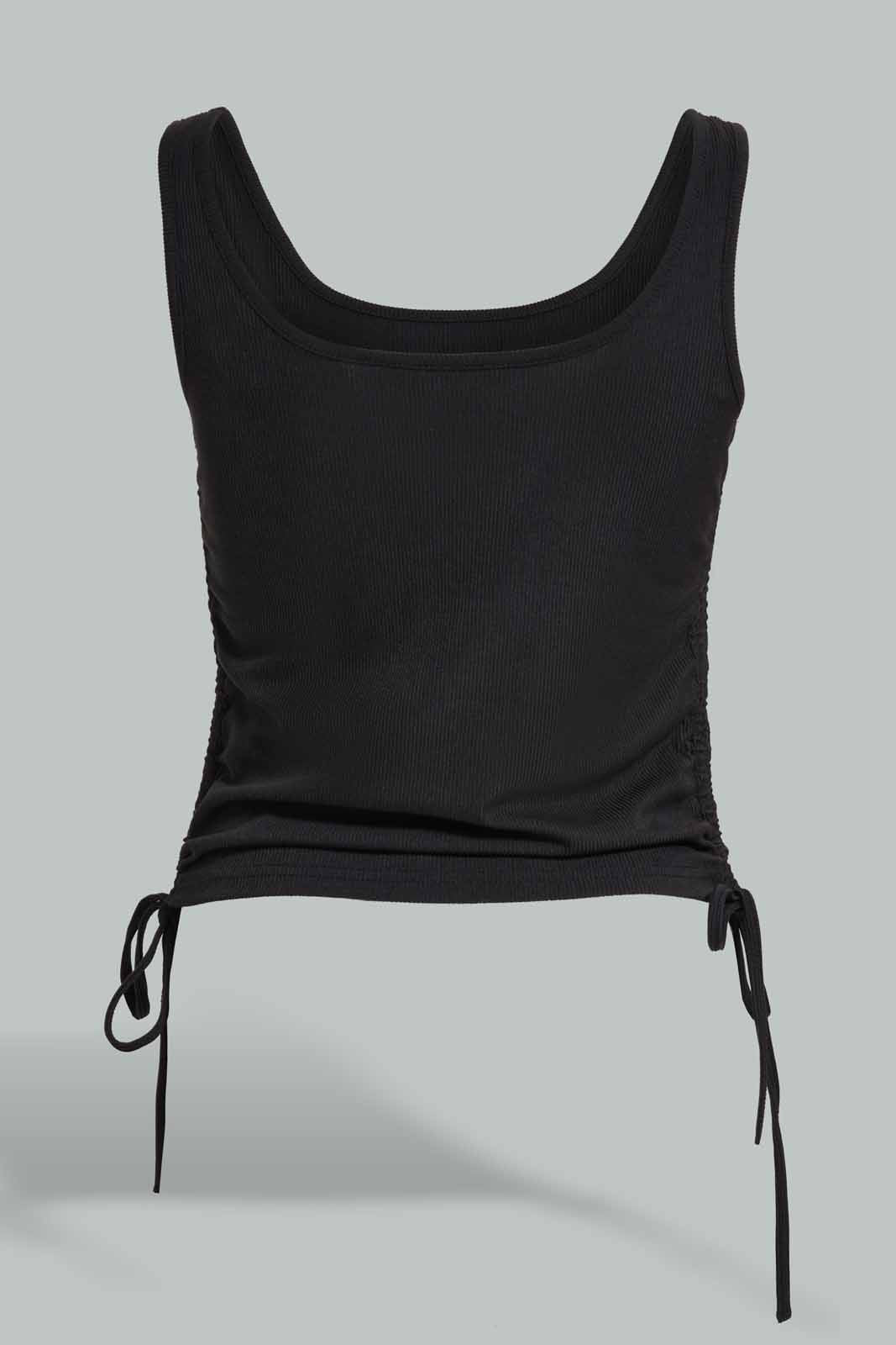 Redtag-Black-Side-Tie-Ruched-T-Shirt-Category:Vests,-Colour:Black,-Deals:New-In,-Filter:Women's-Clothing,-New-In-Women-APL,-Non-Sale,-Section:Women,-W22A,-Women-Vests-Women's-