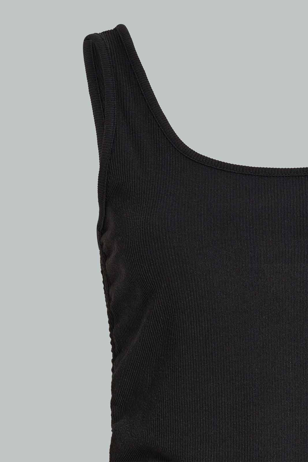 Redtag-Black-Side-Tie-Ruched-T-Shirt-Category:Vests,-Colour:Black,-Deals:New-In,-Filter:Women's-Clothing,-New-In-Women-APL,-Non-Sale,-Section:Women,-W22A,-Women-Vests-Women's-