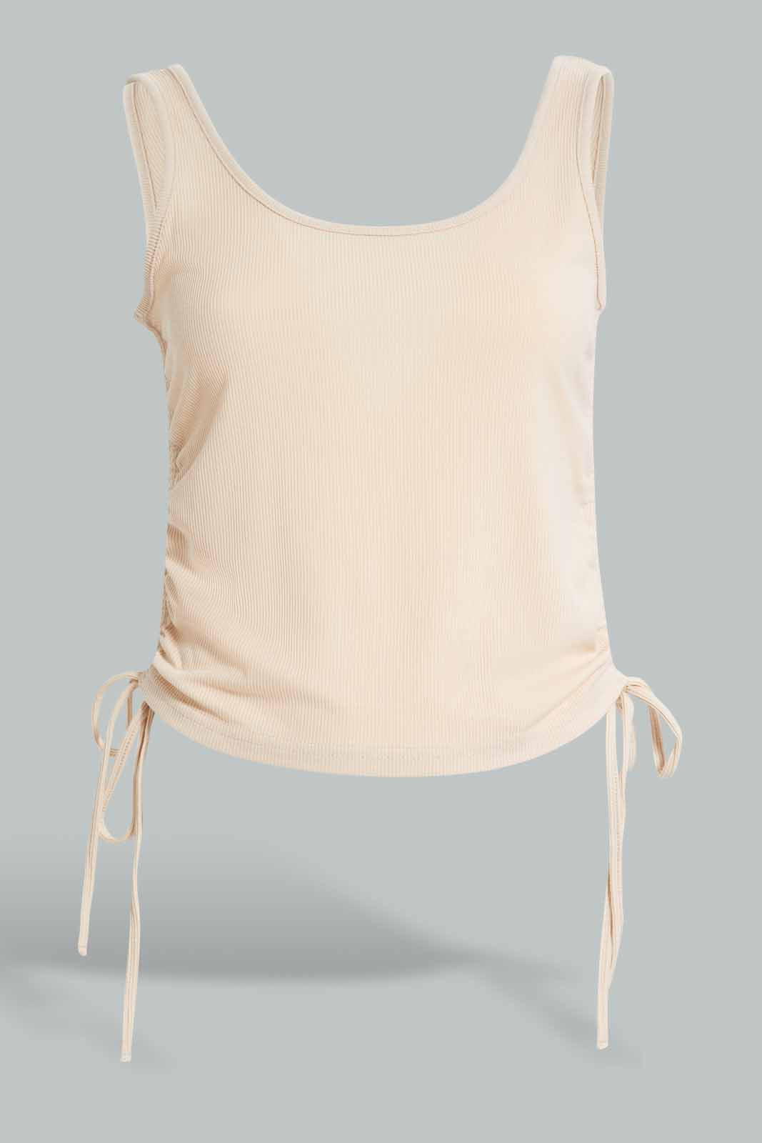 Redtag-Nude-Side-Tie-Ruched-T-Shirt-Category:Vests,-Colour:Beige,-Deals:New-In,-Filter:Women's-Clothing,-New-In-Women-APL,-Non-Sale,-Section:Women,-W22A,-Women-Vests-Women's-