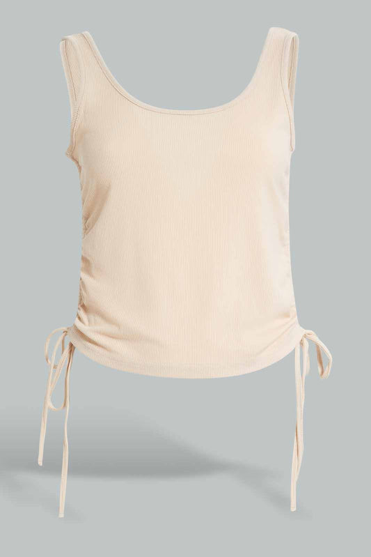 Redtag-Nude-Side-Tie-Ruched-T-Shirt-Category:Vests,-Colour:Beige,-Deals:New-In,-Filter:Women's-Clothing,-New-In-Women-APL,-Non-Sale,-Section:Women,-W22A,-Women-Vests-Women's-