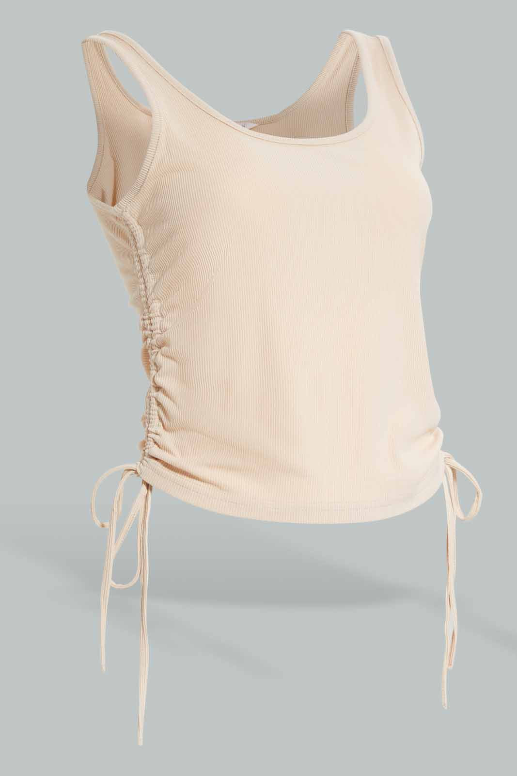 Redtag-Nude-Side-Tie-Ruched-T-Shirt-Category:Vests,-Colour:Beige,-Deals:New-In,-Filter:Women's-Clothing,-New-In-Women-APL,-Non-Sale,-Section:Women,-W22A,-Women-Vests-Women's-