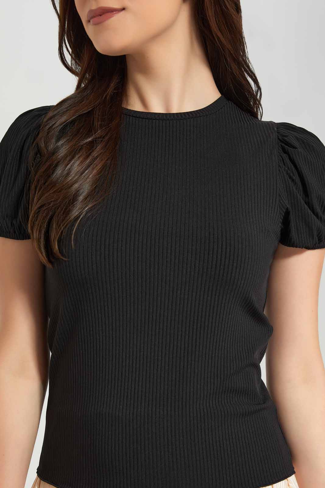 Redtag-Black-Puff-Sleeve-Rib-Top-Category:Tops,-Colour:Black,-Deals:New-In,-Filter:Women's-Clothing,-New-In-Women-APL,-Non-Sale,-Section:Women,-W22O,-Women-Tops-Women's-
