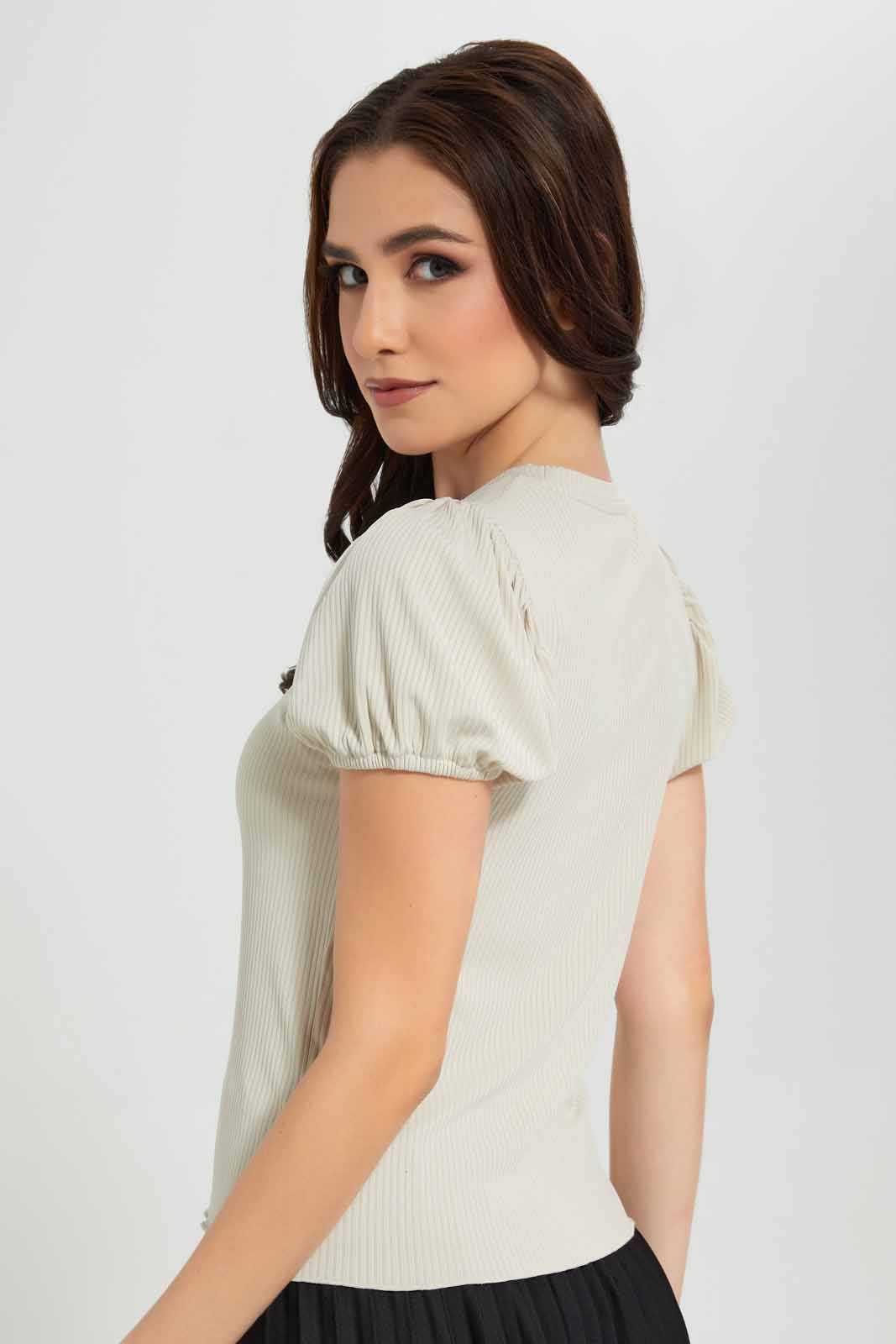 Redtag-Beige-Puff-Sleeve-Rib-Top-Category:Tops,-Colour:Beige,-Deals:New-In,-Filter:Women's-Clothing,-New-In-Women-APL,-Non-Sale,-Section:Women,-W22O,-Women-Tops-Women's-