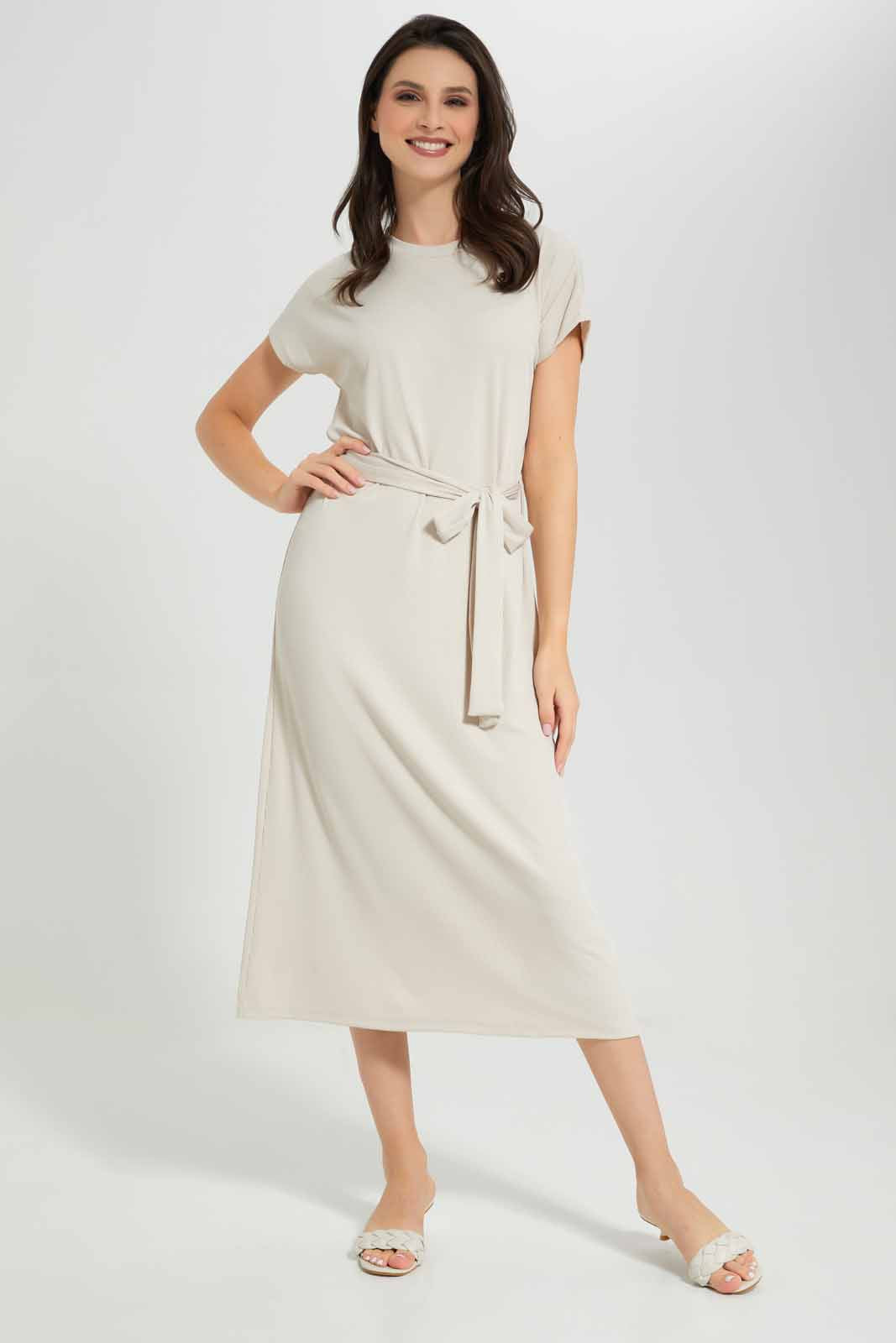 Redtag-Ecru-Belted-Rib-Midi-Dress-Category:Dresses,-Colour:Ecru,-Deals:New-In,-Filter:Women's-Clothing,-KSH,-New-In-Women-APL,-Non-Sale,-Section:Women,-W22A,-Women-Dresses-Women's-