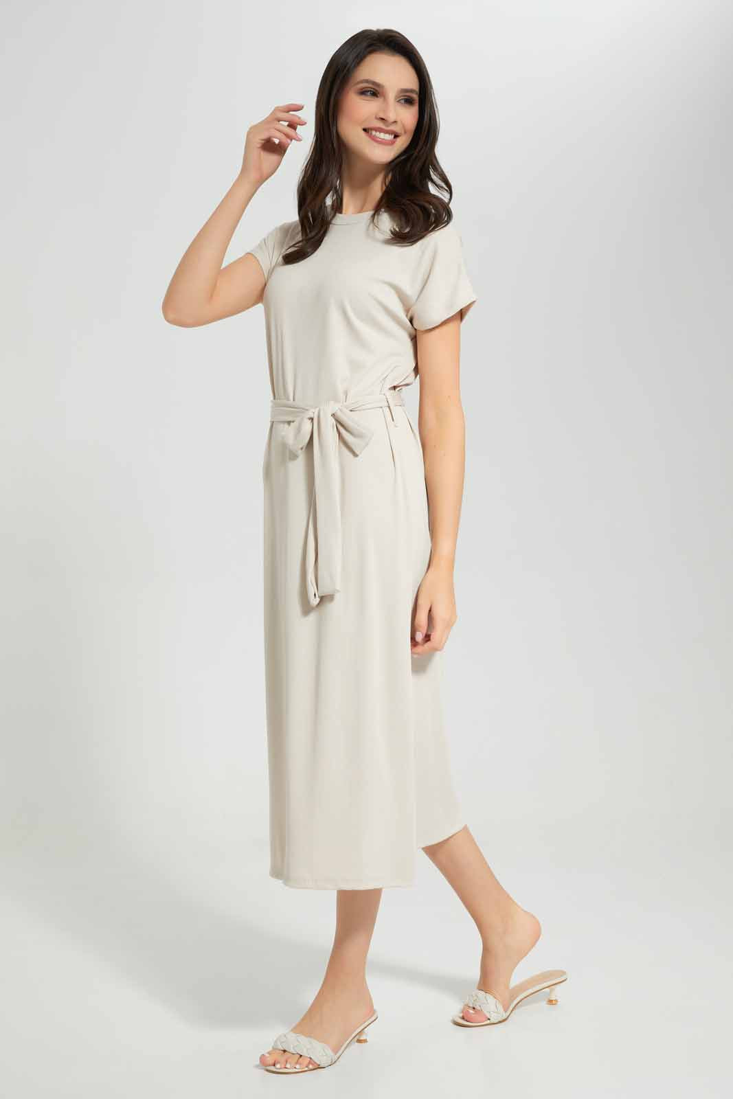 Redtag-Ecru-Belted-Rib-Midi-Dress-Category:Dresses,-Colour:Ecru,-Deals:New-In,-Filter:Women's-Clothing,-KSH,-New-In-Women-APL,-Non-Sale,-Section:Women,-W22A,-Women-Dresses-Women's-