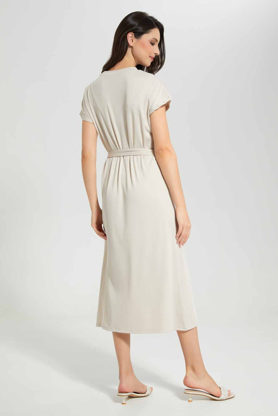 Redtag-Ecru-Belted-Rib-Midi-Dress-Category:Dresses,-Colour:Ecru,-Deals:New-In,-Filter:Women's-Clothing,-KSH,-New-In-Women-APL,-Non-Sale,-Section:Women,-W22A,-Women-Dresses-Women's-