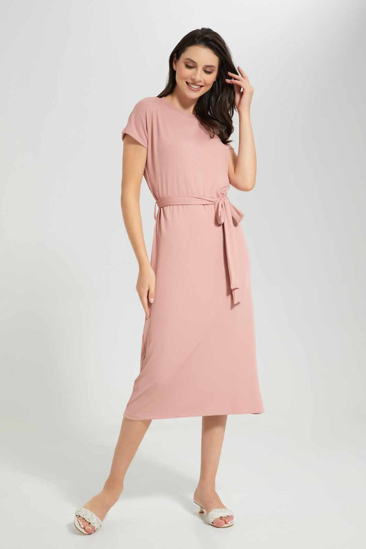 Redtag-Pink-Belted-Rib-Midi-Dress-Category:Dresses,-Colour:Apricot,-Deals:New-In,-Filter:Women's-Clothing,-KSH,-New-In-Women-APL,-Non-Sale,-Section:Women,-W22A,-Women-Dresses-Women's-