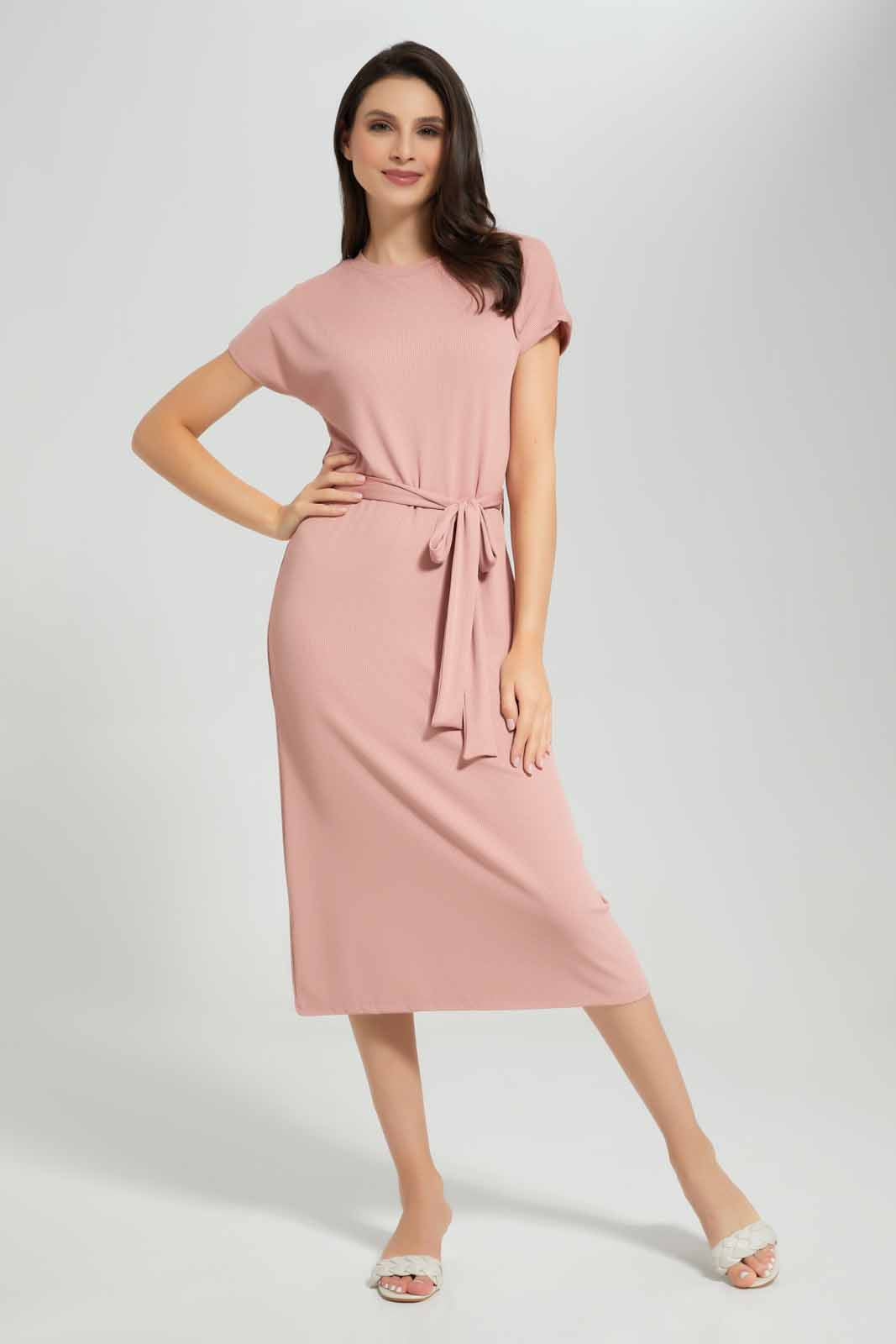 Redtag-Pink-Belted-Rib-Midi-Dress-Category:Dresses,-Colour:Apricot,-Deals:New-In,-Filter:Women's-Clothing,-KSH,-New-In-Women-APL,-Non-Sale,-Section:Women,-W22A,-Women-Dresses-Women's-
