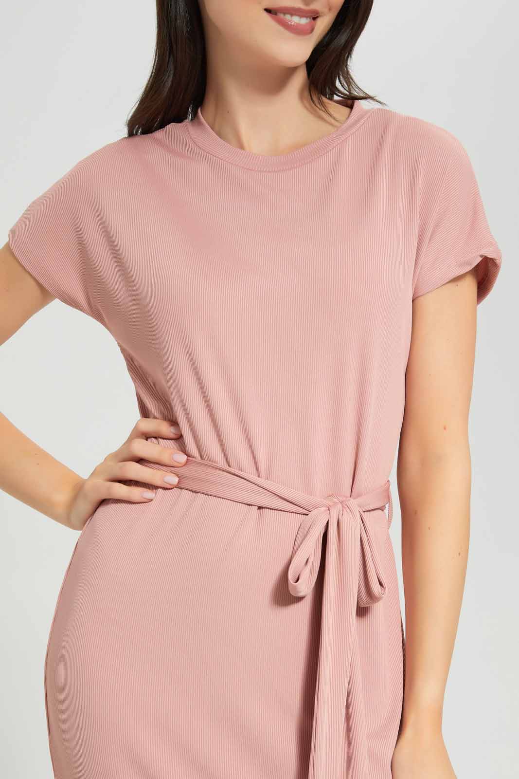 Redtag-Pink-Belted-Rib-Midi-Dress-Category:Dresses,-Colour:Apricot,-Deals:New-In,-Filter:Women's-Clothing,-KSH,-New-In-Women-APL,-Non-Sale,-Section:Women,-W22A,-Women-Dresses-Women's-