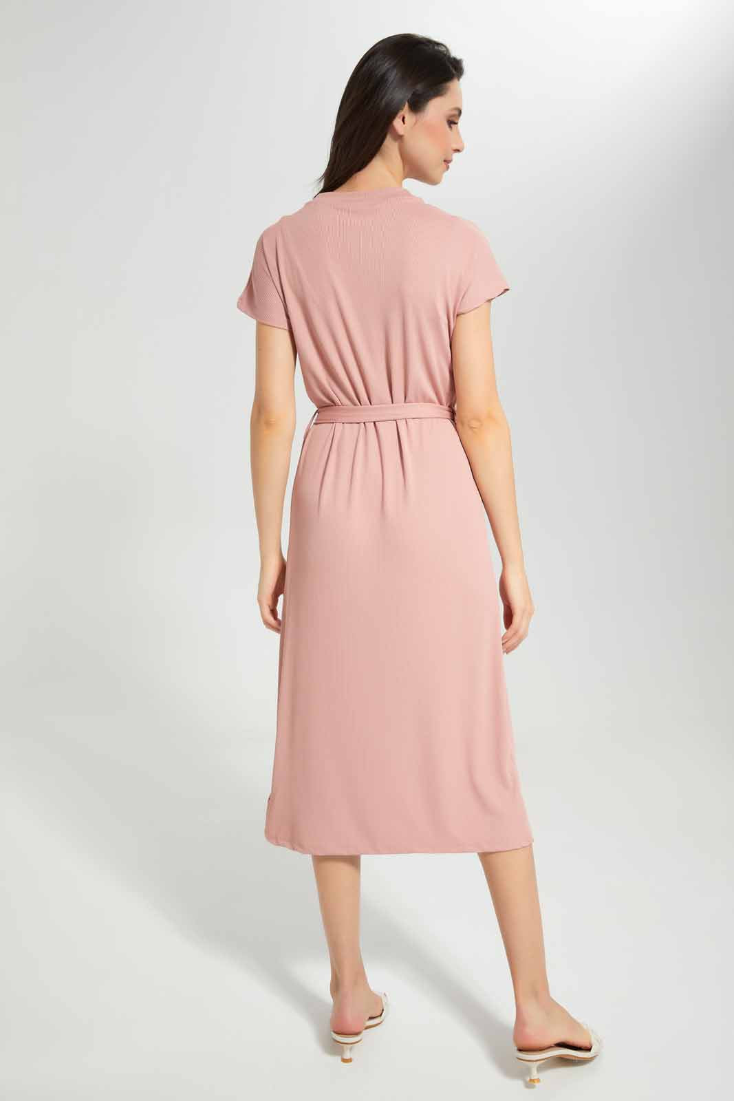 Redtag-Pink-Belted-Rib-Midi-Dress-Category:Dresses,-Colour:Apricot,-Deals:New-In,-Filter:Women's-Clothing,-KSH,-New-In-Women-APL,-Non-Sale,-Section:Women,-W22A,-Women-Dresses-Women's-