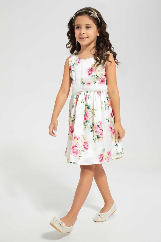 White And Pink Floral Print Dress