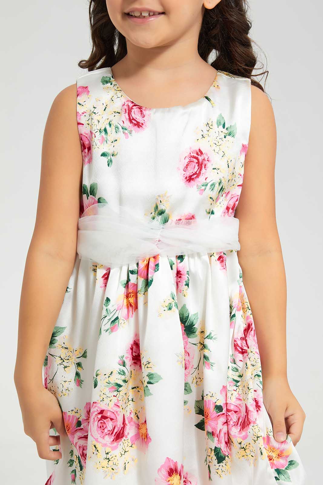 White And Pink Floral Print Dress