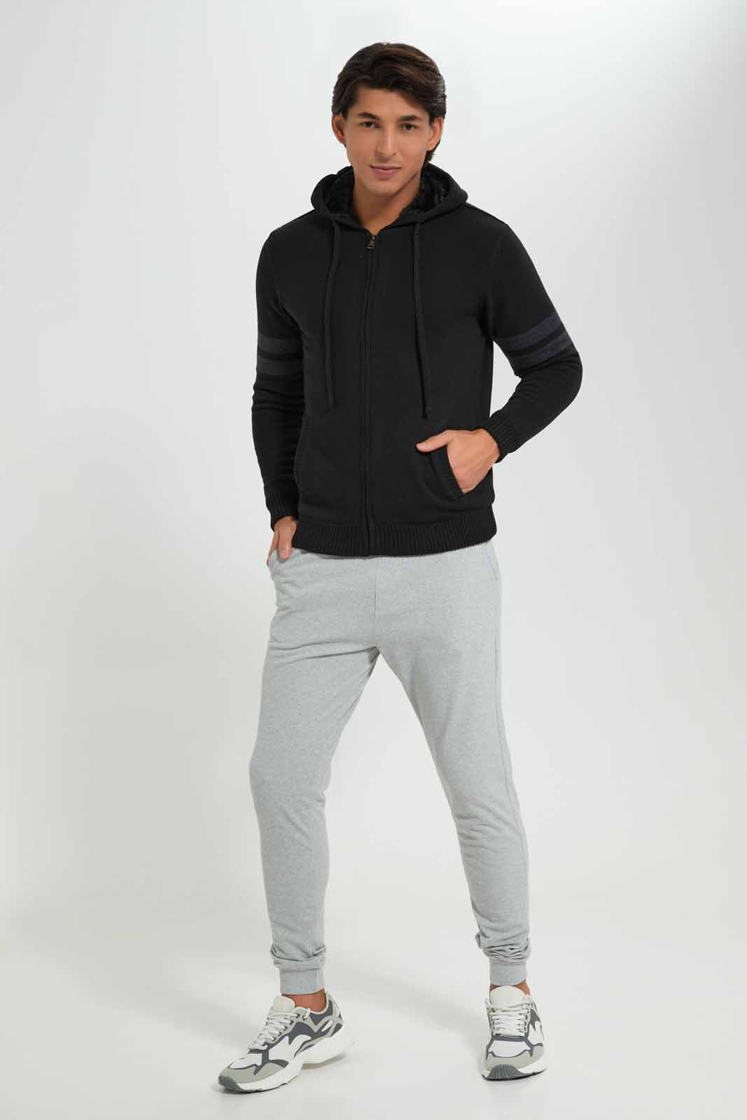 Redtag-Black-Sleeve-Stripe-Zip-Through-Sweater-With-Sherpa-Lining-Category:Cardigans,-Colour:Black,-Deals:New-In,-EHW,-Filter:Men's-Clothing,-Men-Cardigans,-New-In-Men-APL,-Non-Sale,-Section:Men,-W22B-Men's-