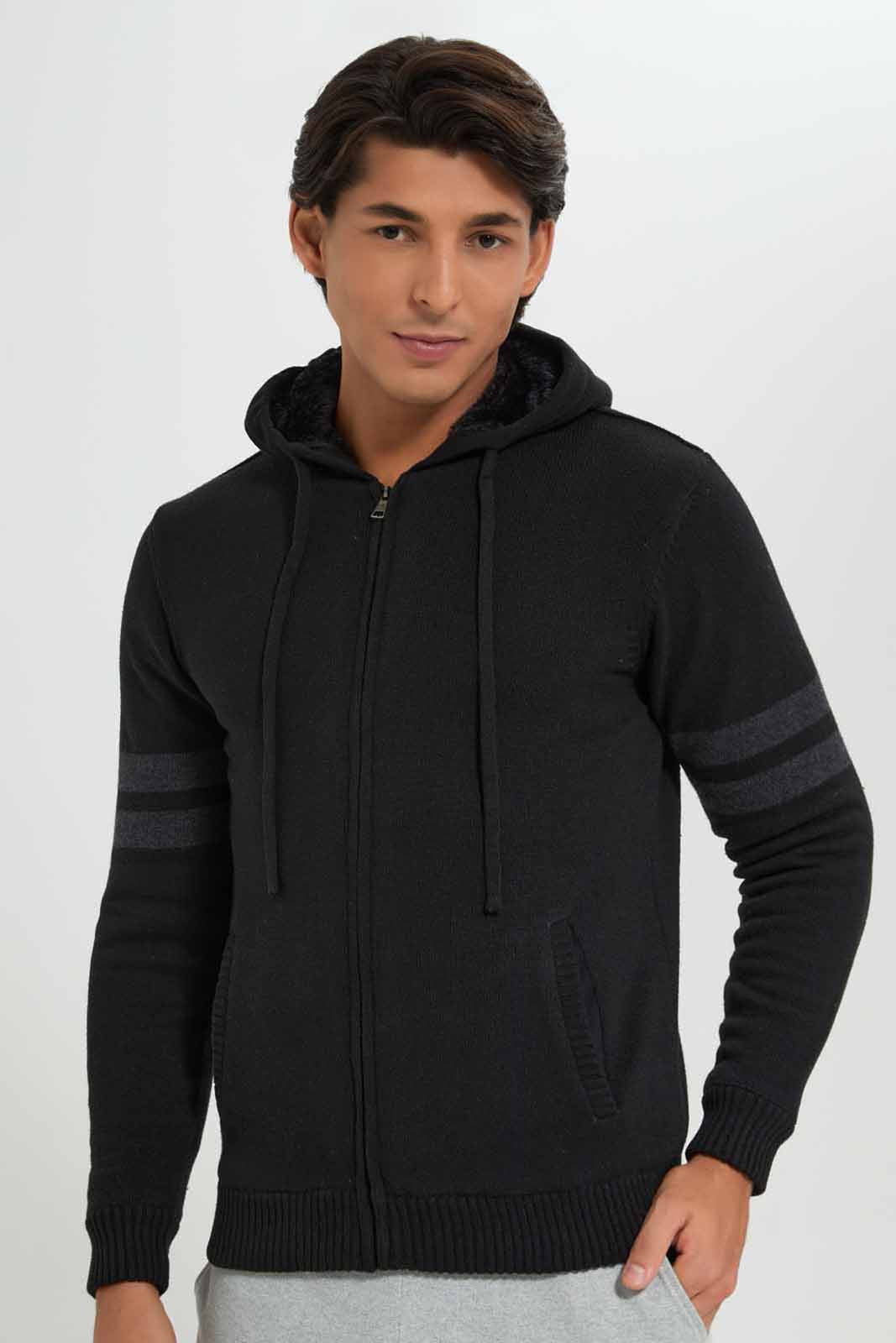 Redtag-Black-Sleeve-Stripe-Zip-Through-Sweater-With-Sherpa-Lining-Category:Cardigans,-Colour:Black,-Deals:New-In,-EHW,-Filter:Men's-Clothing,-Men-Cardigans,-New-In-Men-APL,-Non-Sale,-Section:Men,-W22B-Men's-