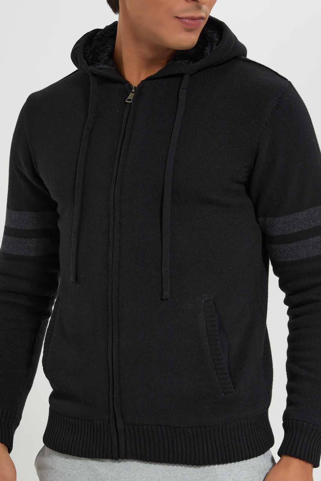 Redtag-Black-Sleeve-Stripe-Zip-Through-Sweater-With-Sherpa-Lining-Category:Cardigans,-Colour:Black,-Deals:New-In,-EHW,-Filter:Men's-Clothing,-Men-Cardigans,-New-In-Men-APL,-Non-Sale,-Section:Men,-W22B-Men's-
