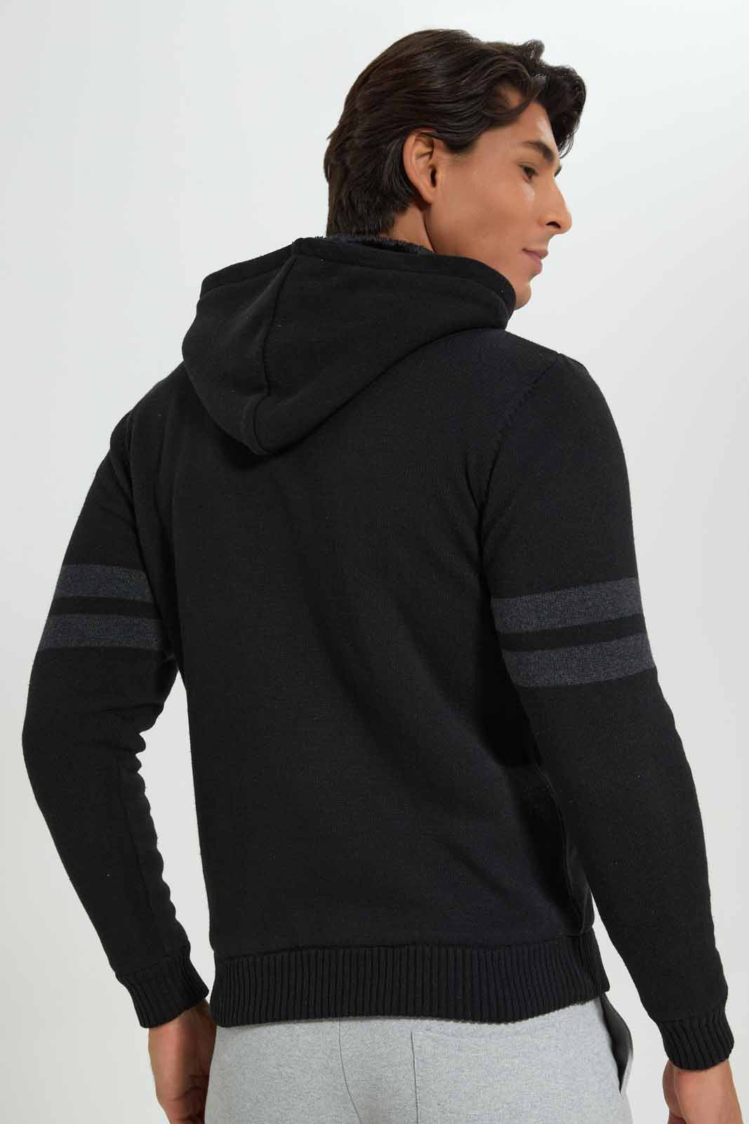 Redtag-Black-Sleeve-Stripe-Zip-Through-Sweater-With-Sherpa-Lining-Category:Cardigans,-Colour:Black,-Deals:New-In,-EHW,-Filter:Men's-Clothing,-Men-Cardigans,-New-In-Men-APL,-Non-Sale,-Section:Men,-W22B-Men's-