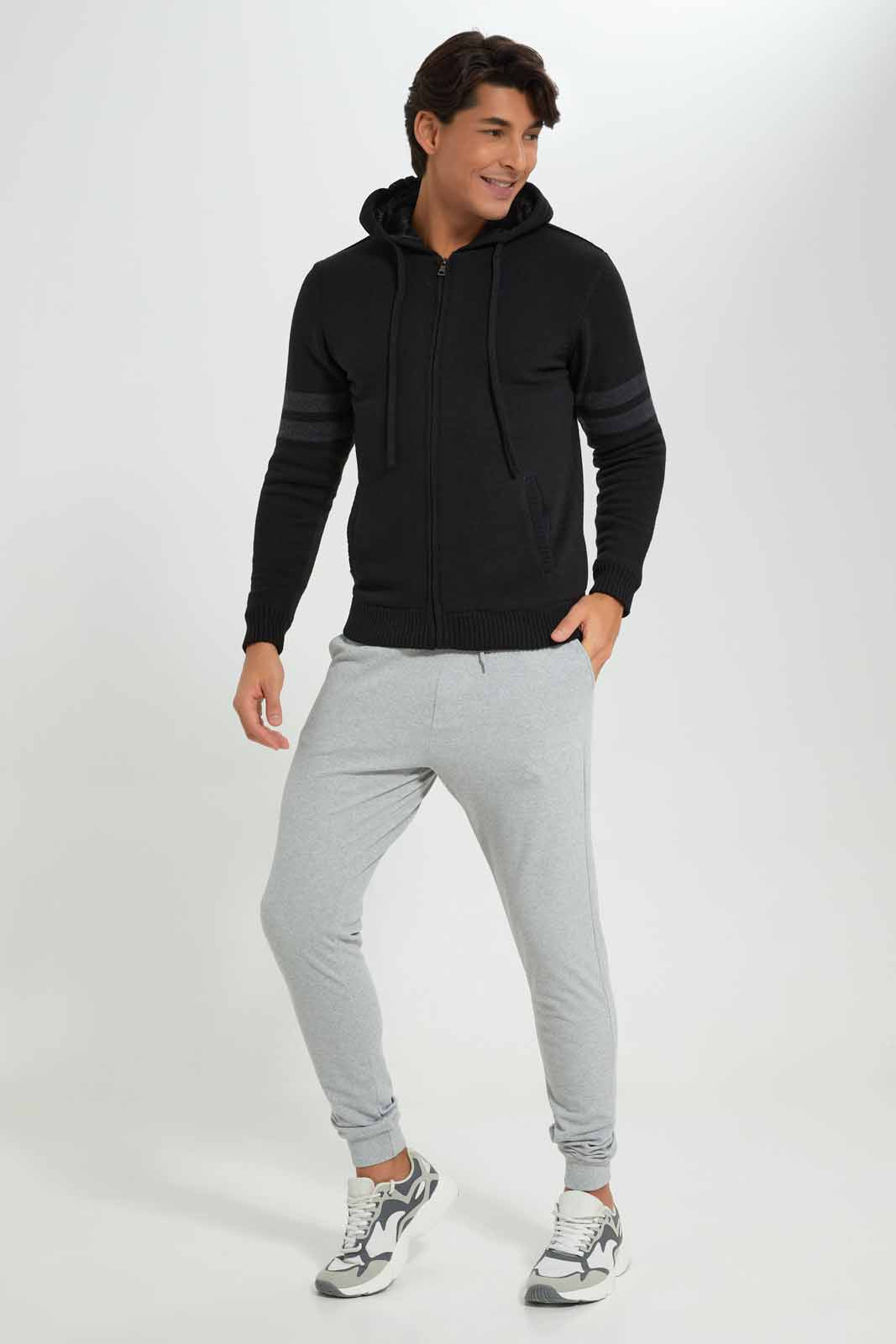 Redtag-Black-Sleeve-Stripe-Zip-Through-Sweater-With-Sherpa-Lining-Category:Cardigans,-Colour:Black,-Deals:New-In,-EHW,-Filter:Men's-Clothing,-Men-Cardigans,-New-In-Men-APL,-Non-Sale,-Section:Men,-W22B-Men's-