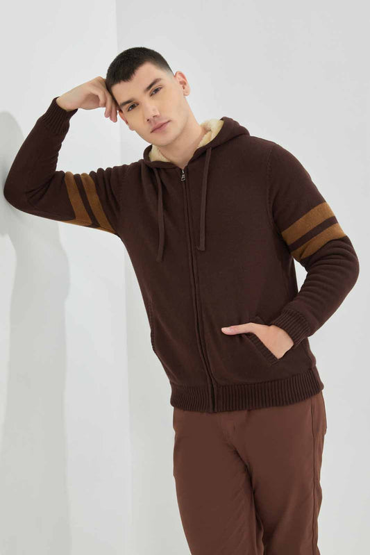 Redtag-Brown-Sleeve-Stripe-Zip-Through-Sweater-With-Sherpa-Lining-Category:Cardigans,-Colour:Brown,-Deals:New-In,-EHW,-Filter:Men's-Clothing,-Men-Cardigans,-New-In-Men-APL,-Non-Sale,-Section:Men,-W22B-Men's-