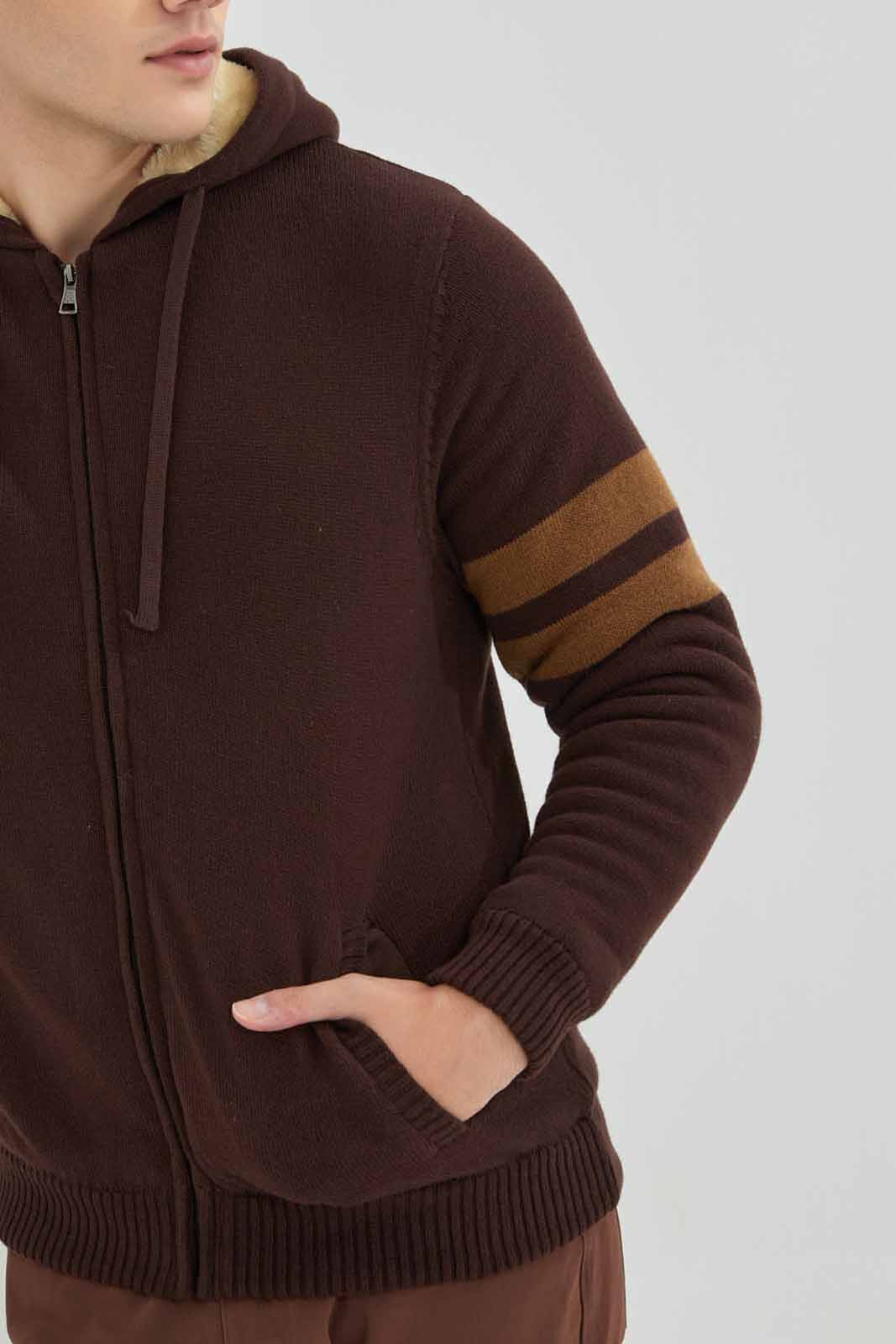 Redtag-Brown-Sleeve-Stripe-Zip-Through-Sweater-With-Sherpa-Lining-Category:Cardigans,-Colour:Brown,-Deals:New-In,-EHW,-Filter:Men's-Clothing,-Men-Cardigans,-New-In-Men-APL,-Non-Sale,-Section:Men,-W22B-Men's-
