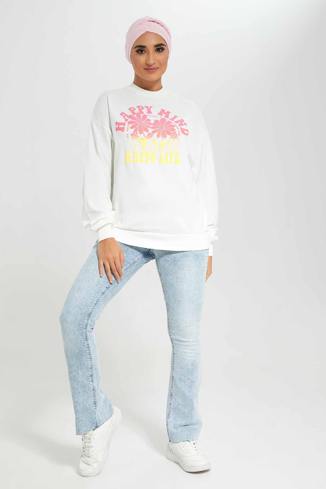 Women White Printed Sweatshirt