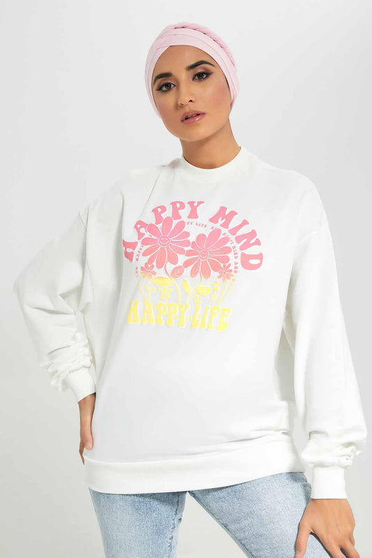 Women White Printed Sweatshirt