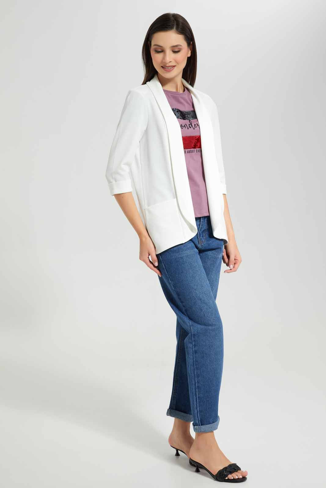 Redtag-White-3/4-Sleeve-Cropped-Cardigan-Category:Jackets,-Colour:White,-Deals:New-In,-Filter:Women's-Clothing,-New-In-Women-APL,-Non-Sale,-Section:Women,-W22A,-Women-Jackets-Women's-