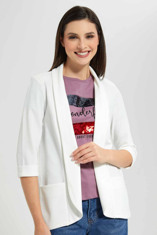 Redtag-White-3/4-Sleeve-Cropped-Cardigan-Category:Jackets,-Colour:White,-Deals:New-In,-Filter:Women's-Clothing,-New-In-Women-APL,-Non-Sale,-Section:Women,-W22A,-Women-Jackets-Women's-