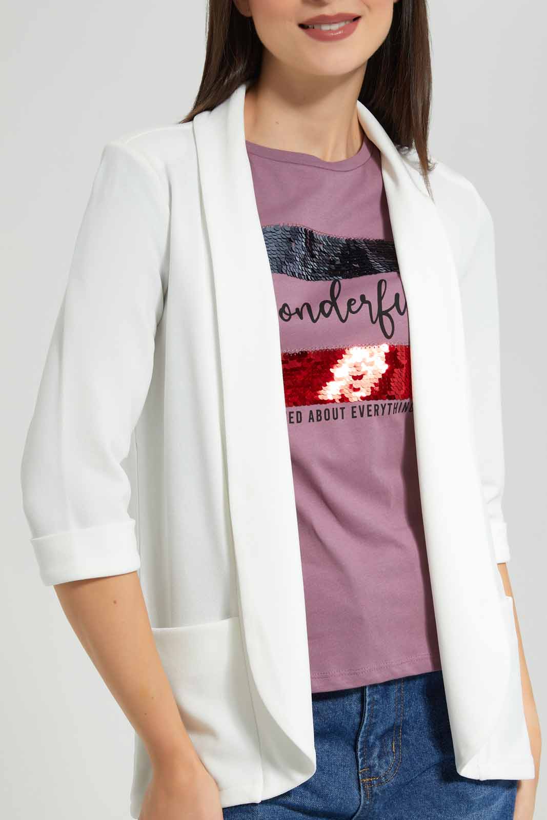 Redtag-White-3/4-Sleeve-Cropped-Cardigan-Category:Jackets,-Colour:White,-Deals:New-In,-Filter:Women's-Clothing,-New-In-Women-APL,-Non-Sale,-Section:Women,-W22A,-Women-Jackets-Women's-