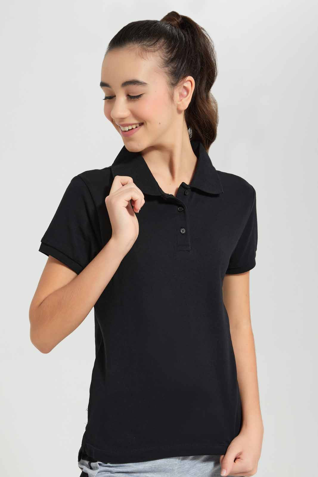 Redtag-Black-Pique-Polo-Category:T-Shirts,-Colour:Black,-Deals:New-In,-Filter:Senior-Girls-(9-to-14-Yrs),-GSR-T-Shirts,-New-In-GSR-APL,-Non-Sale,-Section:Girls-(0-to-14Yrs),-TBL,-W22O-Senior-Girls-9 to 14 Years
