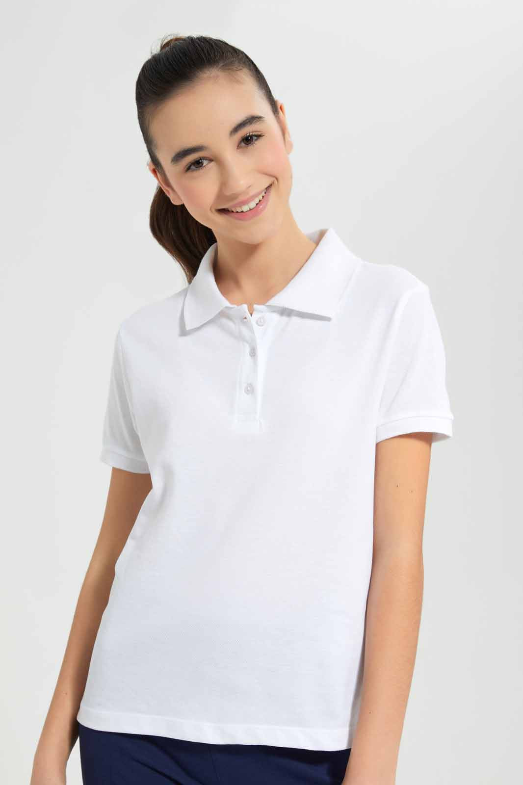 Redtag-White-Pique-Polo-Category:T-Shirts,-Colour:White,-Deals:New-In,-Filter:Senior-Girls-(9-to-14-Yrs),-GSR-T-Shirts,-New-In-GSR-APL,-Non-Sale,-Section:Girls-(0-to-14Yrs),-TBL,-W22O-Senior-Girls-9 to 14 Years