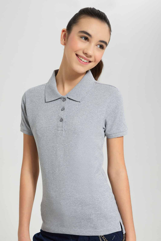 Redtag-Grey-Melange-pique-Polo-Category:T-Shirts,-Colour:White,-Deals:New-In,-Filter:Senior-Girls-(9-to-14-Yrs),-GSR-T-Shirts,-New-In-GSR-APL,-Non-Sale,-Section:Girls-(0-to-14Yrs),-TBL,-W22O-Senior-Girls-9 to 14 Years