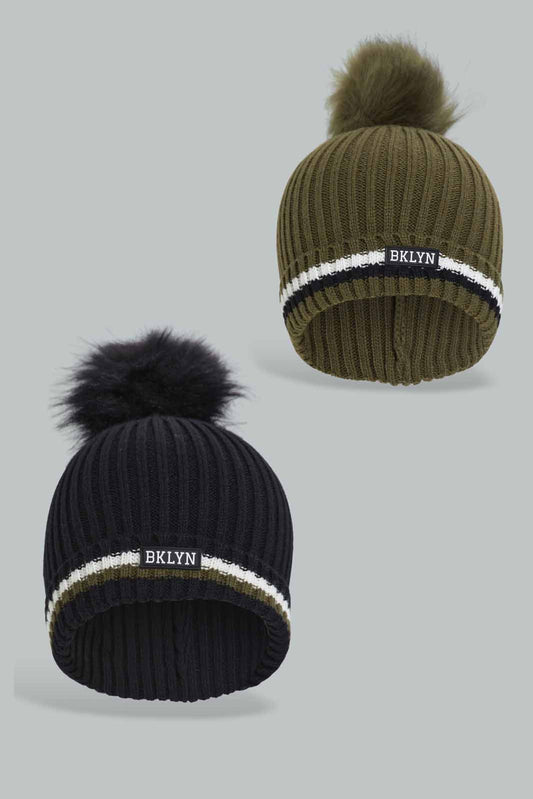 Redtag-Assorted-Black-And-Olive-Set-Of-2-Knitted-Cap-BOY-Knitted-Accessories,-Category:Knitted-Accessories,-Colour:Assorted,-Filter:Boys-Accessories,-New-In,-New-In-BOY-ACC,-Non-Sale,-Section:Boys-(0-to-14Yrs),-W22B-Boys-