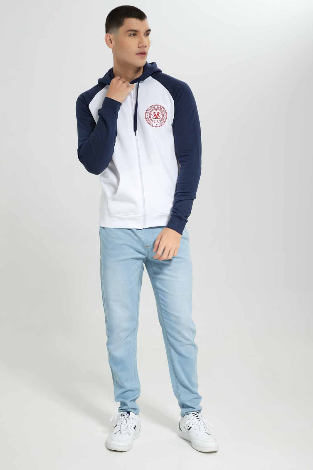 Redtag-White-/-Navy-Reglan-Sleeve-Zip-Thru-Hoddy-Category:Sweatshirts,-Colour:White,-Deals:New-In,-Filter:Men's-Clothing,-Men-Sweatshirts,-NDAY,-New-In-Men-APL,-Non-Sale,-Section:Men,-TBL,-W22B-Men's-