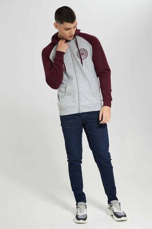 Redtag-Grey-Mel-/-Red-Reglan-Sleeve-Zip-Thru-Hoody-Category:Sweatshirts,-Colour:Grey,-Deals:New-In,-Filter:Men's-Clothing,-Men-Sweatshirts,-New-In-Men-APL,-Non-Sale,-Section:Men,-TBL,-W22B-Men's-