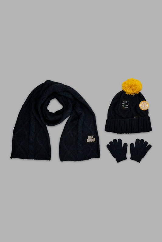 Redtag-Grey-Cahrcater-Knitted-Cap-Set-Of-3-With-Scarf-0,-Category:0,-Colour:Grey,-Filter:Boys-Accessories,-New-In,-New-In-BOY-ACC,-Non-Sale,-Section:Boys-(0-to-14Yrs),-W22B-Boys-