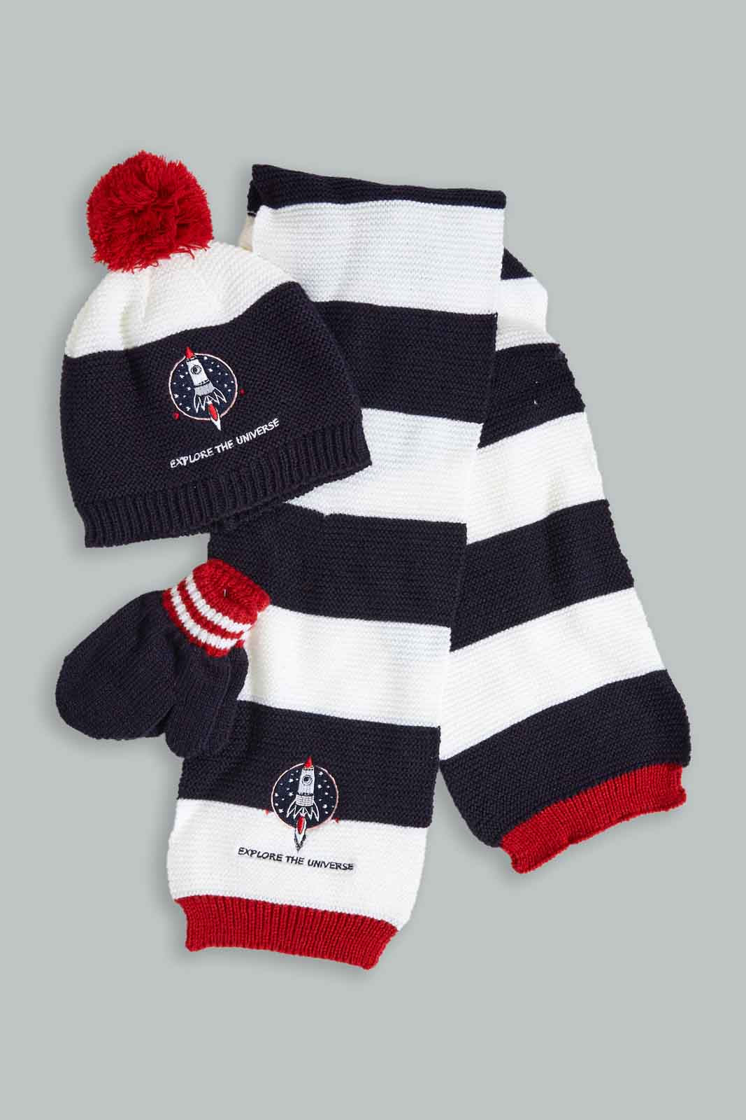 Redtag-Assorted-Navy-And-White-Stripe-Knitted-Cap-Set-Of-3-With-Scarf-0,-Category:0,-Colour:Assorted,-Filter:Boys-Accessories,-New-In,-New-In-BOY-ACC,-Non-Sale,-Section:Boys-(0-to-14Yrs),-W22A-Boys-