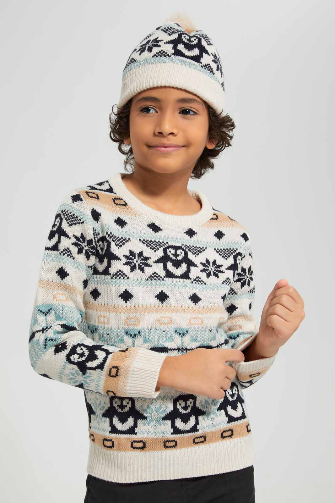 Redtag-Beige-Fairisle-Jaquard-Hat-Set-BOY-Pullovers,-Category:Pullovers,-Colour:Beige,-Deals:New-In,-Filter:Boys-(2-to-8-Yrs),-New-In-BOY-APL,-Non-Sale,-Section:Boys-(0-to-14Yrs),-W22B-Boys-2 to 8 Years