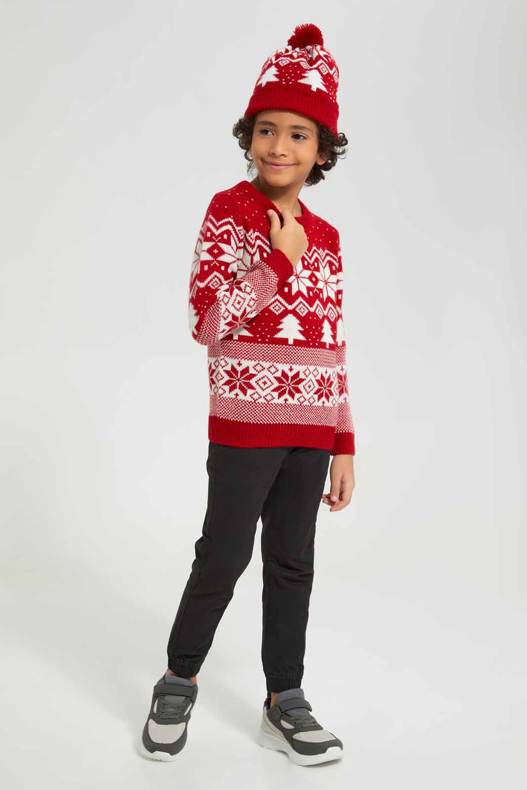 Redtag-Red-Fairisle-Jaquard-Hat-Set-BOY-Pullovers,-Category:Pullovers,-Colour:Red,-Deals:New-In,-EHW,-Filter:Boys-(2-to-8-Yrs),-New-In-BOY-APL,-Non-Sale,-Section:Boys-(0-to-14Yrs),-W22B-Boys-2 to 8 Years