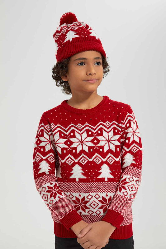 Redtag-Red-Fairisle-Jaquard-Hat-Set-BOY-Pullovers,-Category:Pullovers,-Colour:Red,-Deals:New-In,-EHW,-Filter:Boys-(2-to-8-Yrs),-New-In-BOY-APL,-Non-Sale,-Section:Boys-(0-to-14Yrs),-W22B-Boys-2 to 8 Years