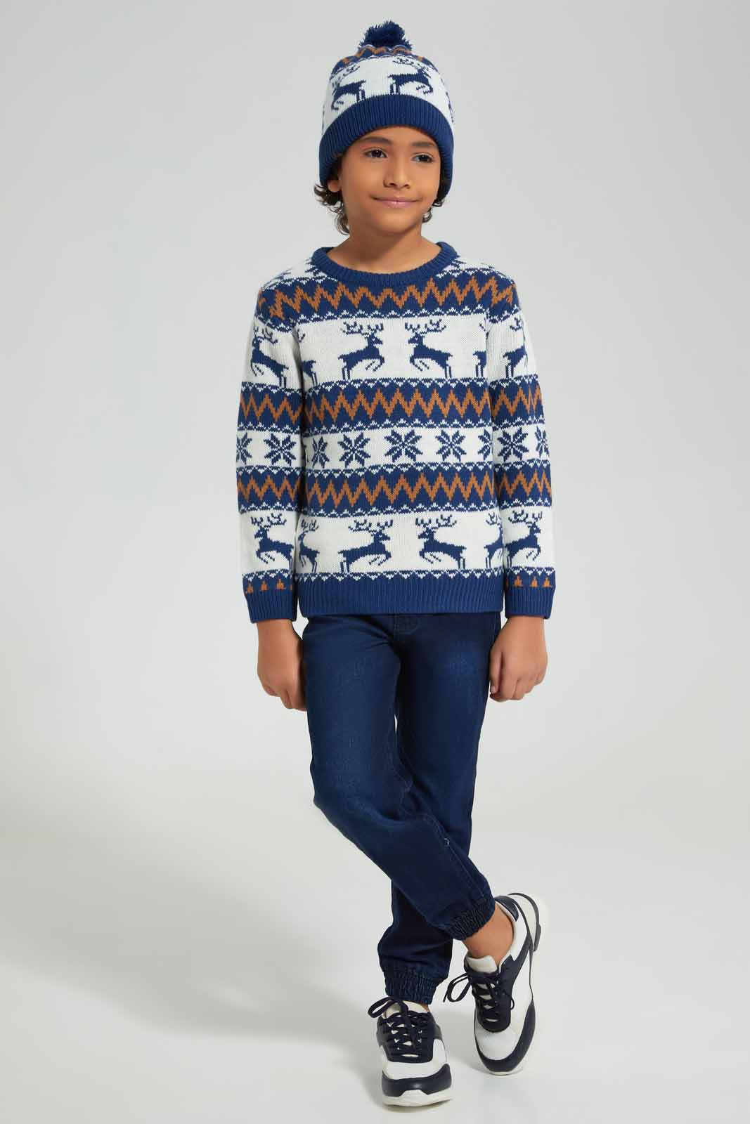 Redtag-Navy-Fairisle-jaquard-Hat-Set-BOY-Pullovers,-Category:Pullovers,-Colour:Navy,-Deals:New-In,-EHW,-Filter:Boys-(2-to-8-Yrs),-New-In-BOY-APL,-Non-Sale,-Section:Boys-(0-to-14Yrs),-W22B-Boys-2 to 8 Years